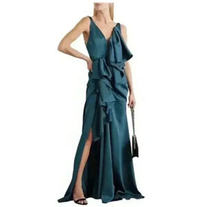 Solace London Deep Jade Ruffle Spaghetti Strap Satin Gown Size 6 NEW NWT!